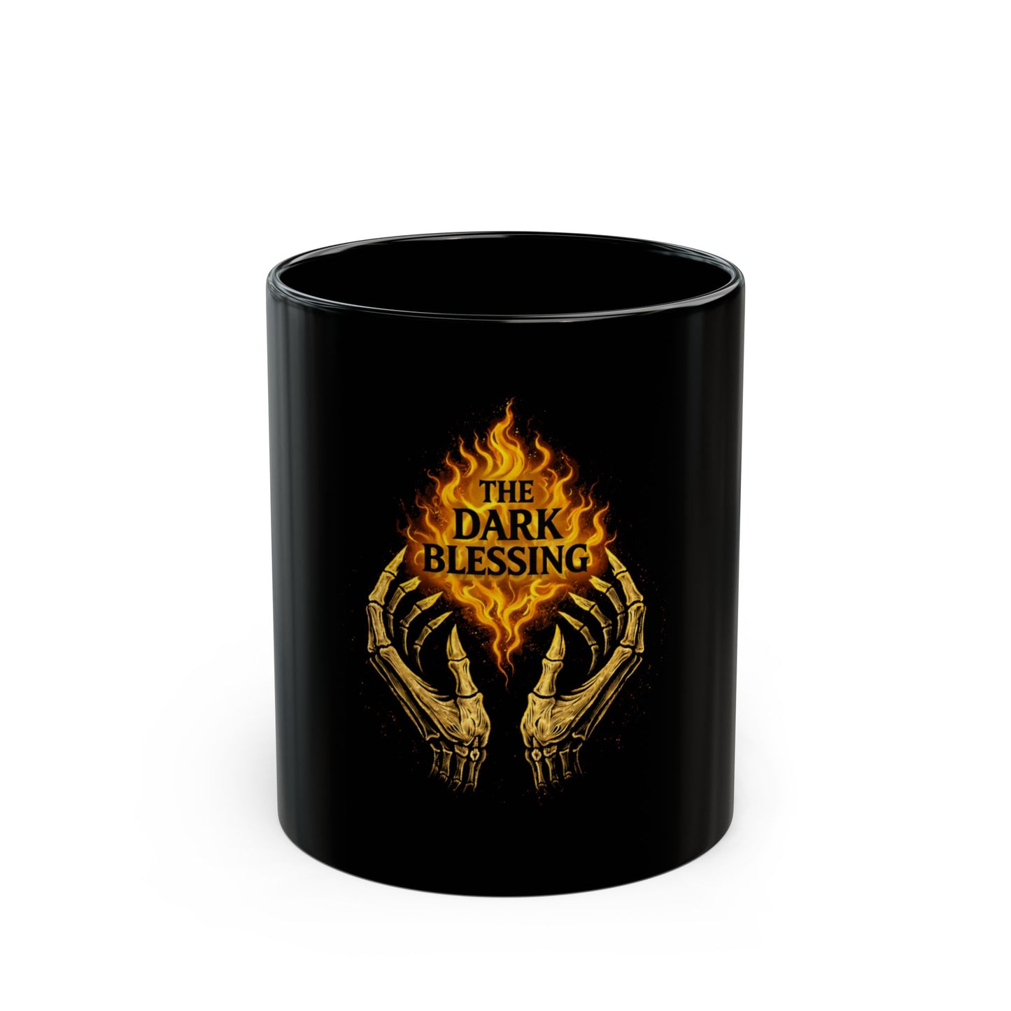 Black Mug — 'The Dark Blessing' Flame & Skeletal Hands Gothic Coffee Cup